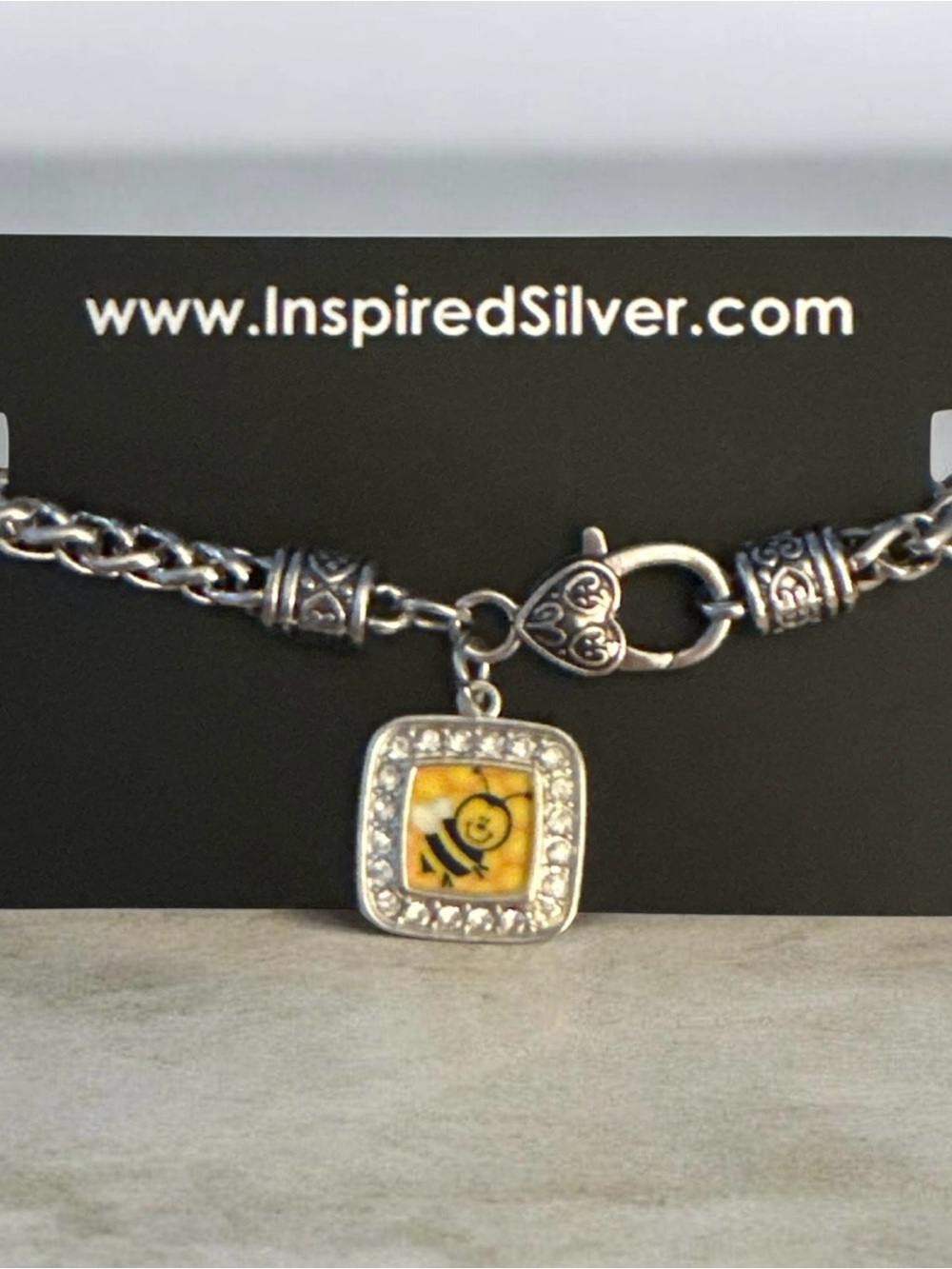Inspired Silver Bee Square Pendant Bracelet in Yellow and Silver